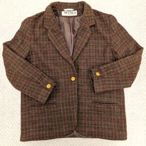 Vintage Wool Russian Eska Plaid Blazer with Mustard Yellow Buttons Brown Coat